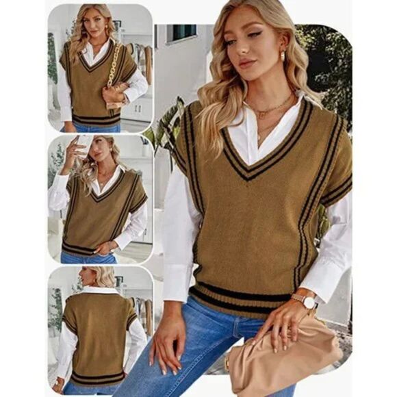 Brown Striped Knit V-Neck Oversized Sleeveless Square Pullover Sweater Vest - Picture 5 of 8